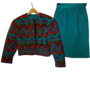 Vintage 1990s Skirt Suit Jacket Small Teal Maroon Geometric Retro Gorpcore 2 Pc